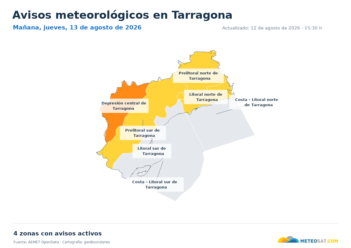 Mapa de avisos meteorol�gicos de AEMET en la provincia de Tarragona para ma?ana