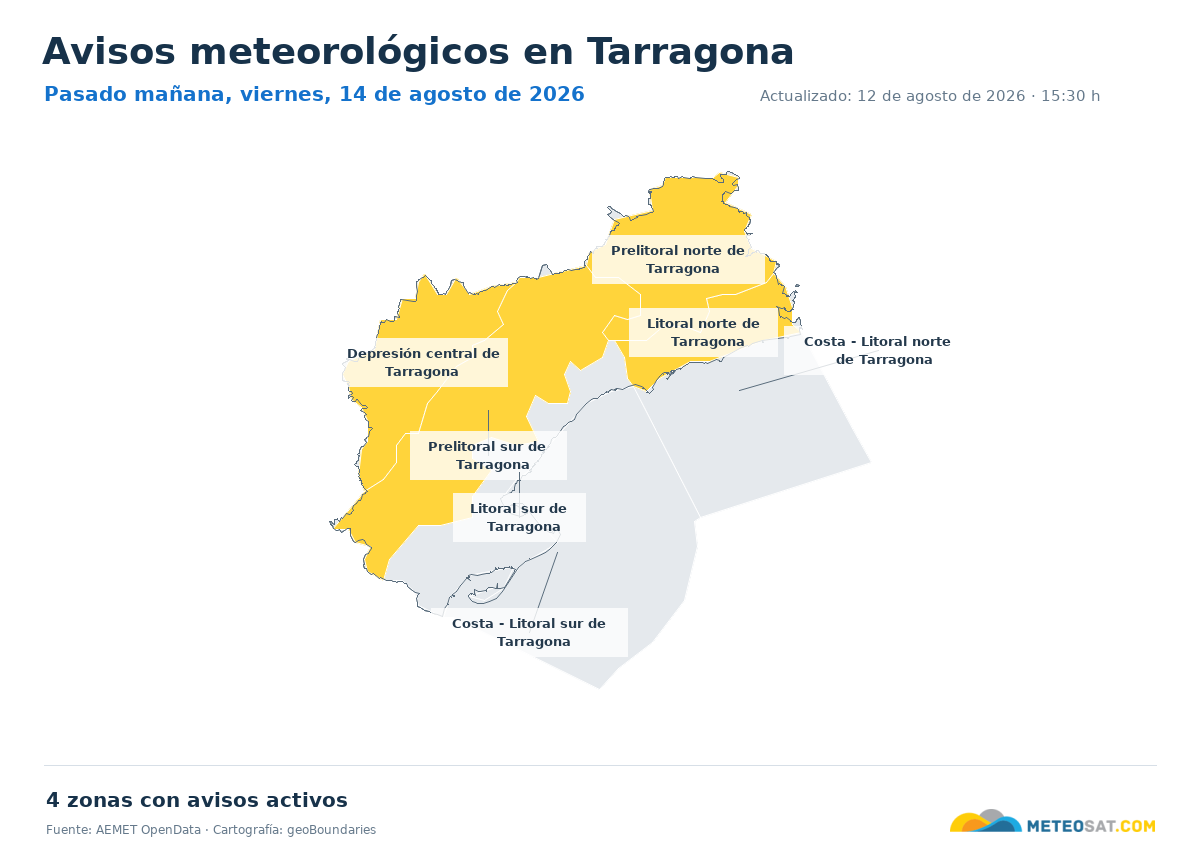Mapa de avisos meteorol�gicos de AEMET en la provincia de Tarragona para pasado ma?ana