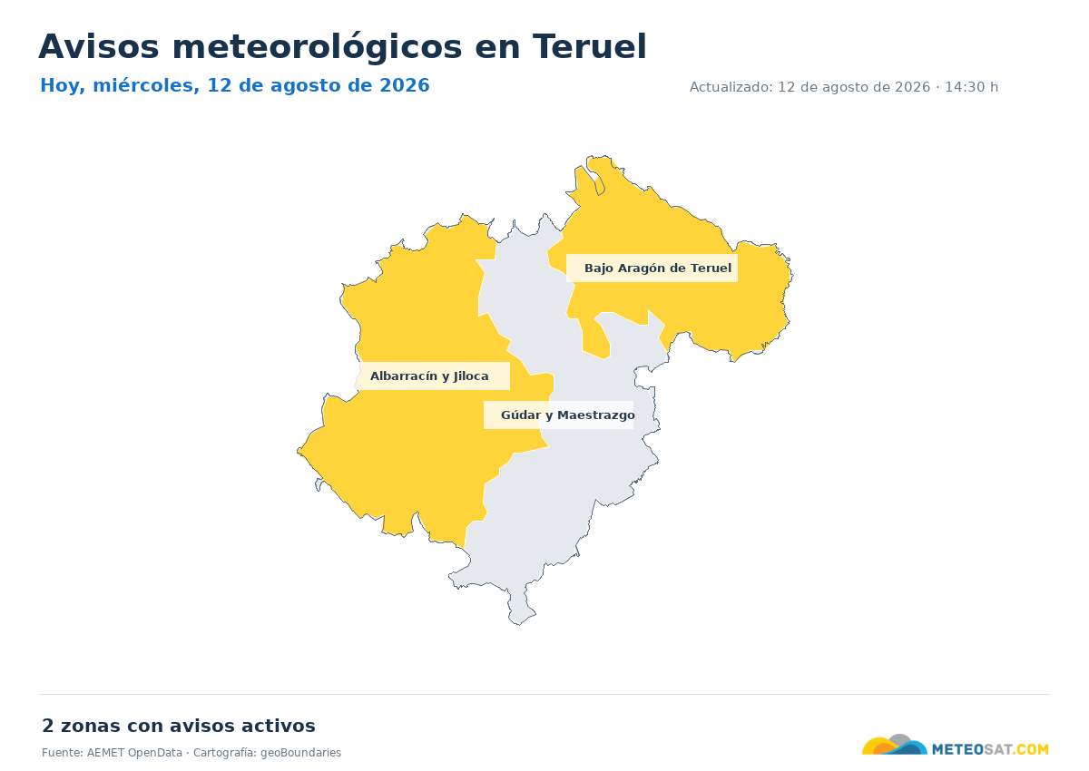 Mapa de avisos meteorol�gicos de AEMET en la provincia de Teruel para hoy