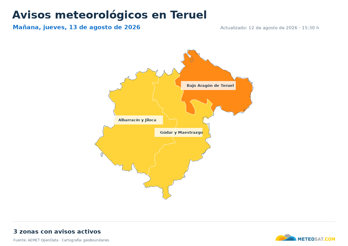 Mapa de avisos meteorol�gicos de AEMET en la provincia de Teruel para ma?ana