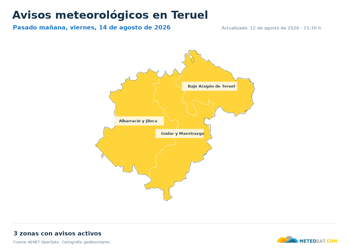 Mapa de avisos meteorol�gicos de AEMET en la provincia de Teruel para pasado ma?ana