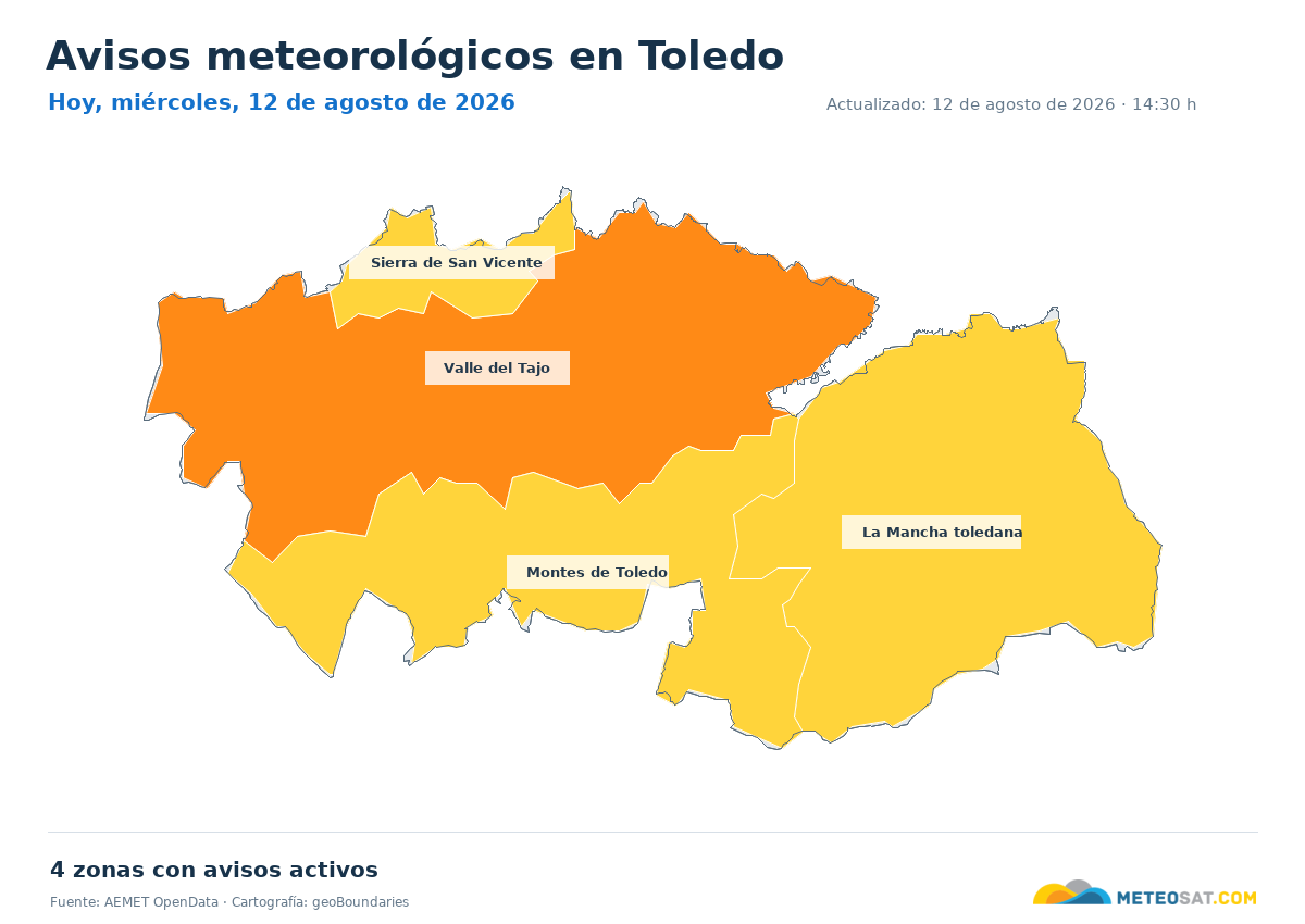 Mapa de avisos meteorol�gicos de AEMET en la provincia de Toledo para hoy