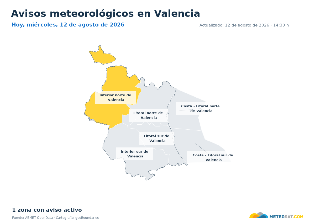 Mapa de avisos meteorol�gicos de AEMET en la provincia de Valencia para hoy