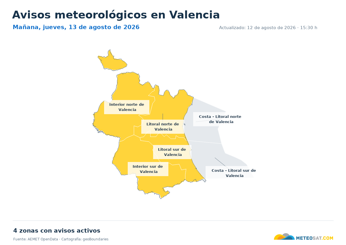 Mapa de avisos meteorol�gicos de AEMET en la provincia de Valencia para ma?ana