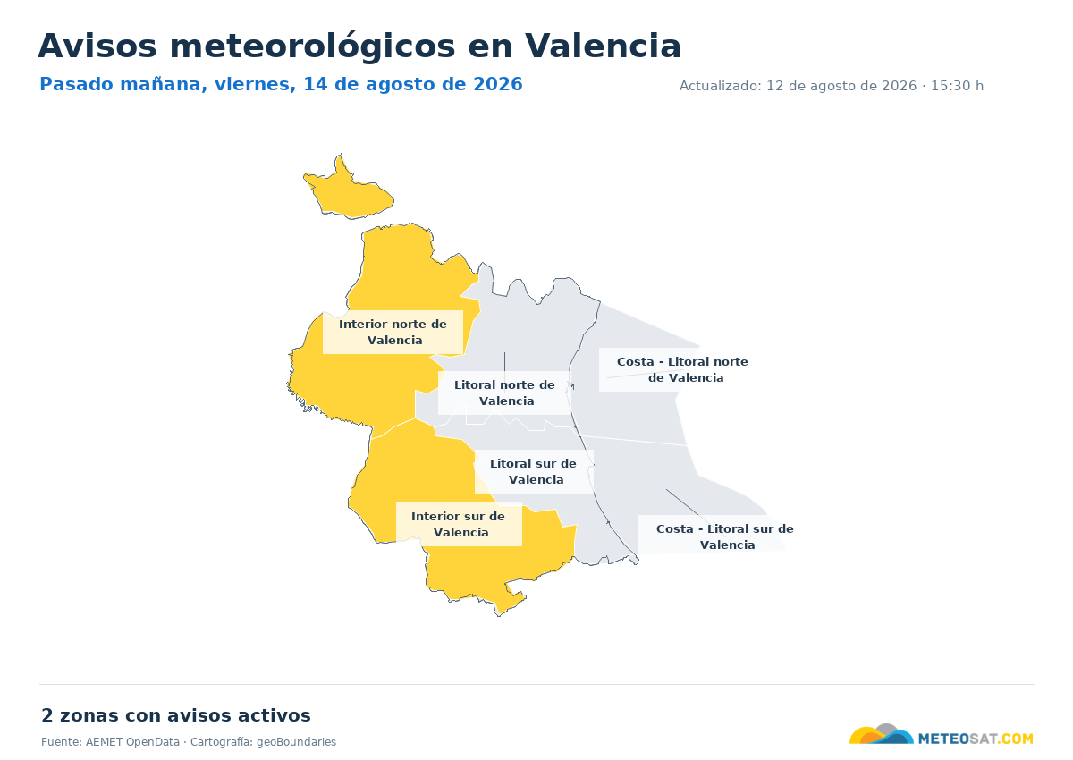 Mapa de avisos meteorol�gicos de AEMET en la provincia de Valencia para pasado ma?ana