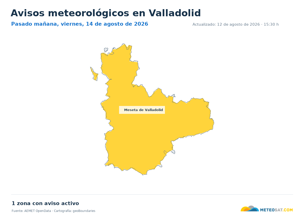 Mapa de avisos meteorol�gicos de AEMET en la provincia de Valladolid para pasado ma?ana